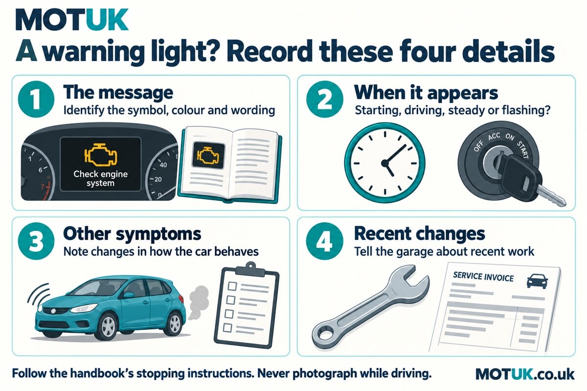 A warning light? Record these four details. The message: Identify the symbol, colour and wording; When it appears: Starting, driving, steady or flashing?; Other symptoms: Note changes in how the car behaves; Recent changes: Tell the garage about recent work.